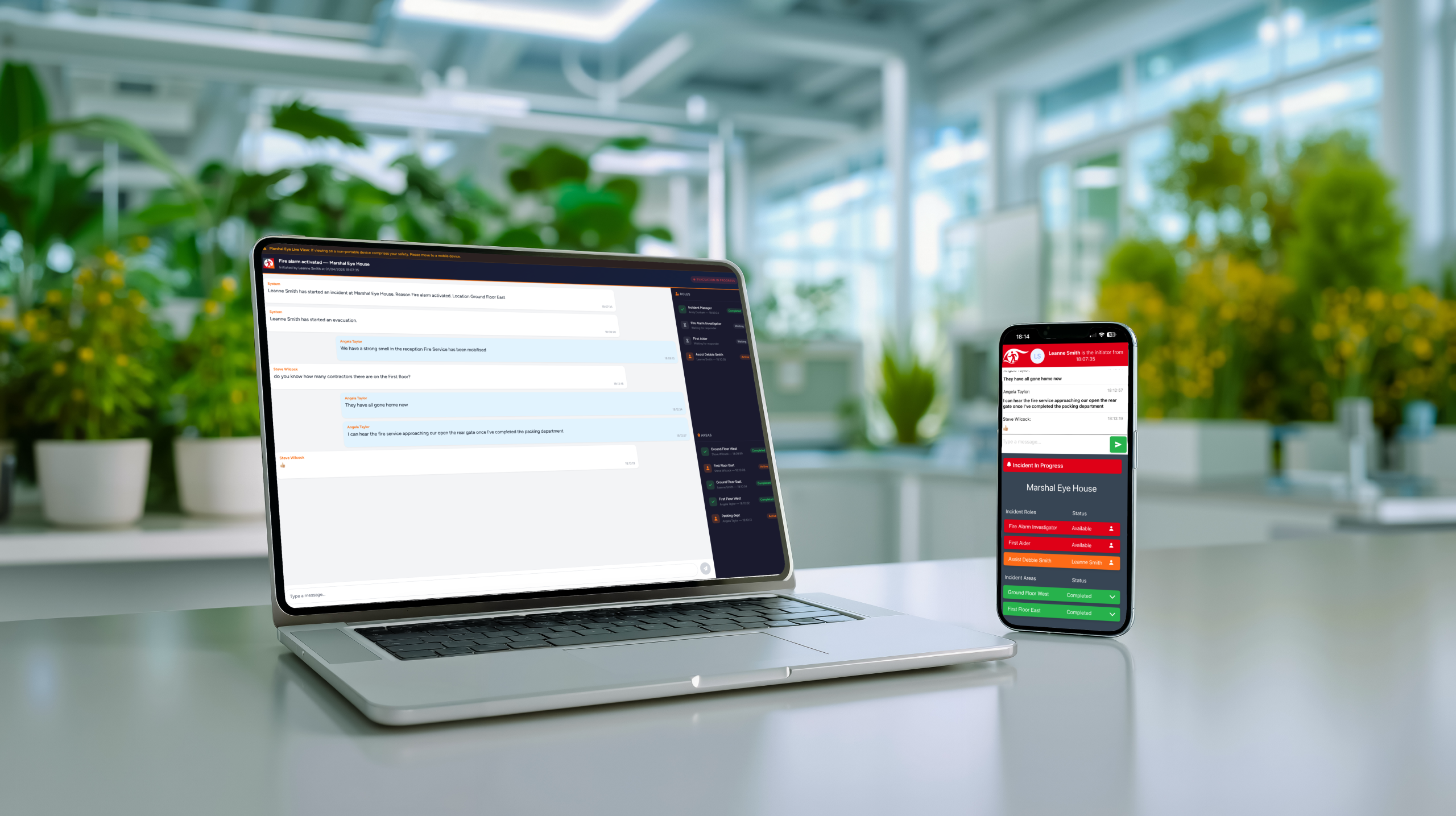Marshal Eye desktop live view showing real-time incident management and task tracking