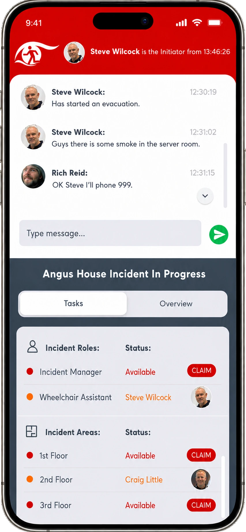 Marshal Eye incident response app showing emergency roles being claimed real time